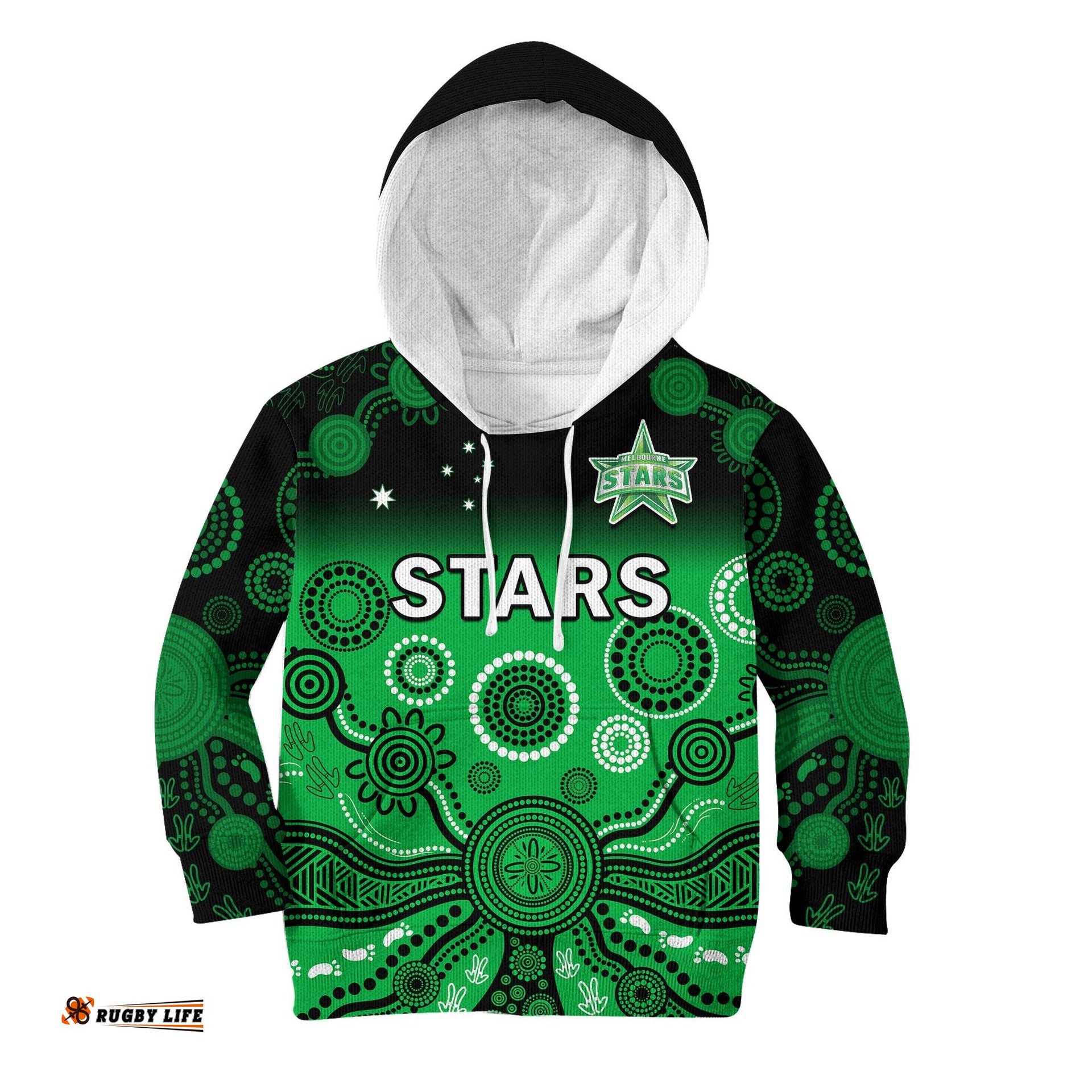 Custom Text And Number Stars Cricket Hoodie KID Melbourne Team Green Gradient Aboriginal Art