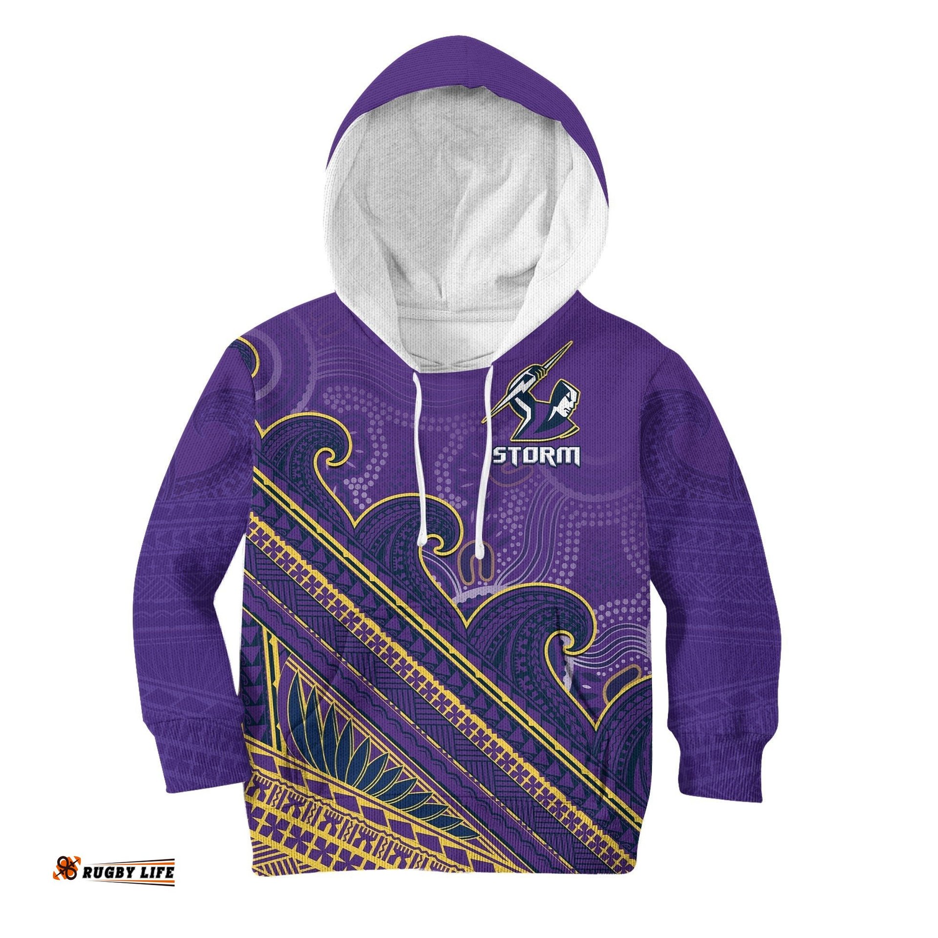 Custom Text And Number Storm Rugby Hoodie KID Melbourne Pasifika Aboriginal Gradient Polynesian