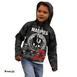 Custom Text and Number Magpies Football ANZAC Day Hoodie KID Speical Poppy mix Aboriginal