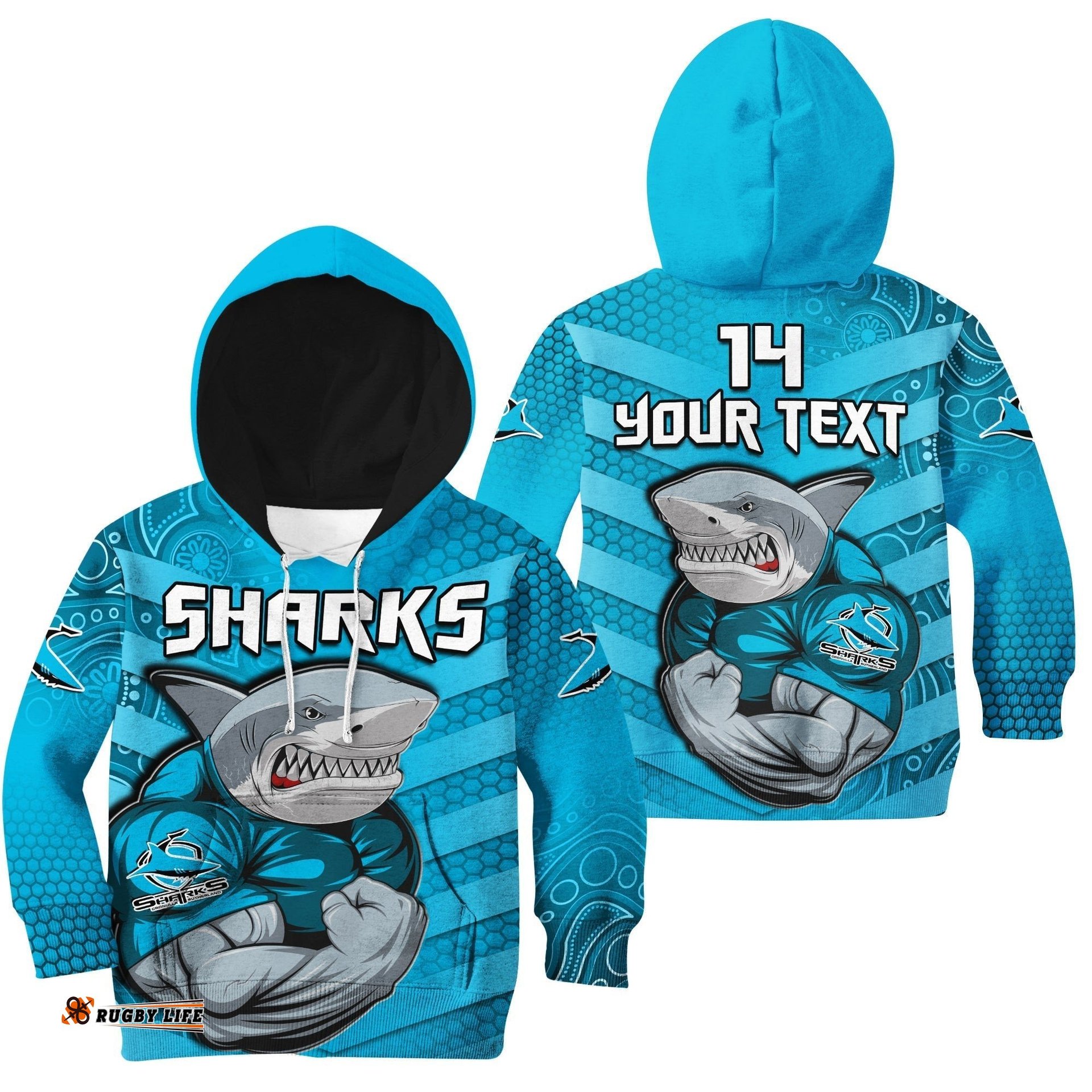 Custom Text And Number Sharks Rugby Hoodie KID Go Sharkies Aboriginal Sporty Version
