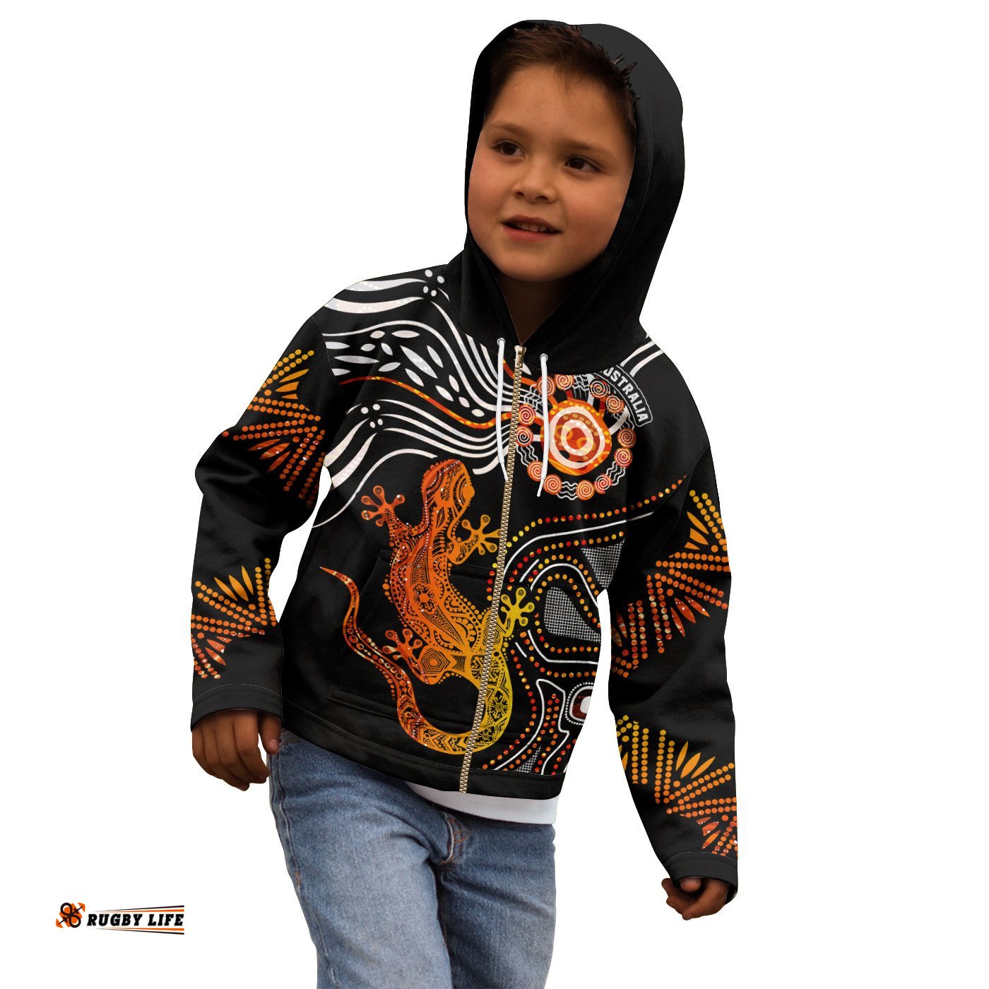 Aboriginal Kid Zip Up Hoodie Lizard Sunshine