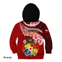 Tonga Rugby Kid Hoodie Ikale Tahi Tongan Ngatu Pattern With Dabbing Ball