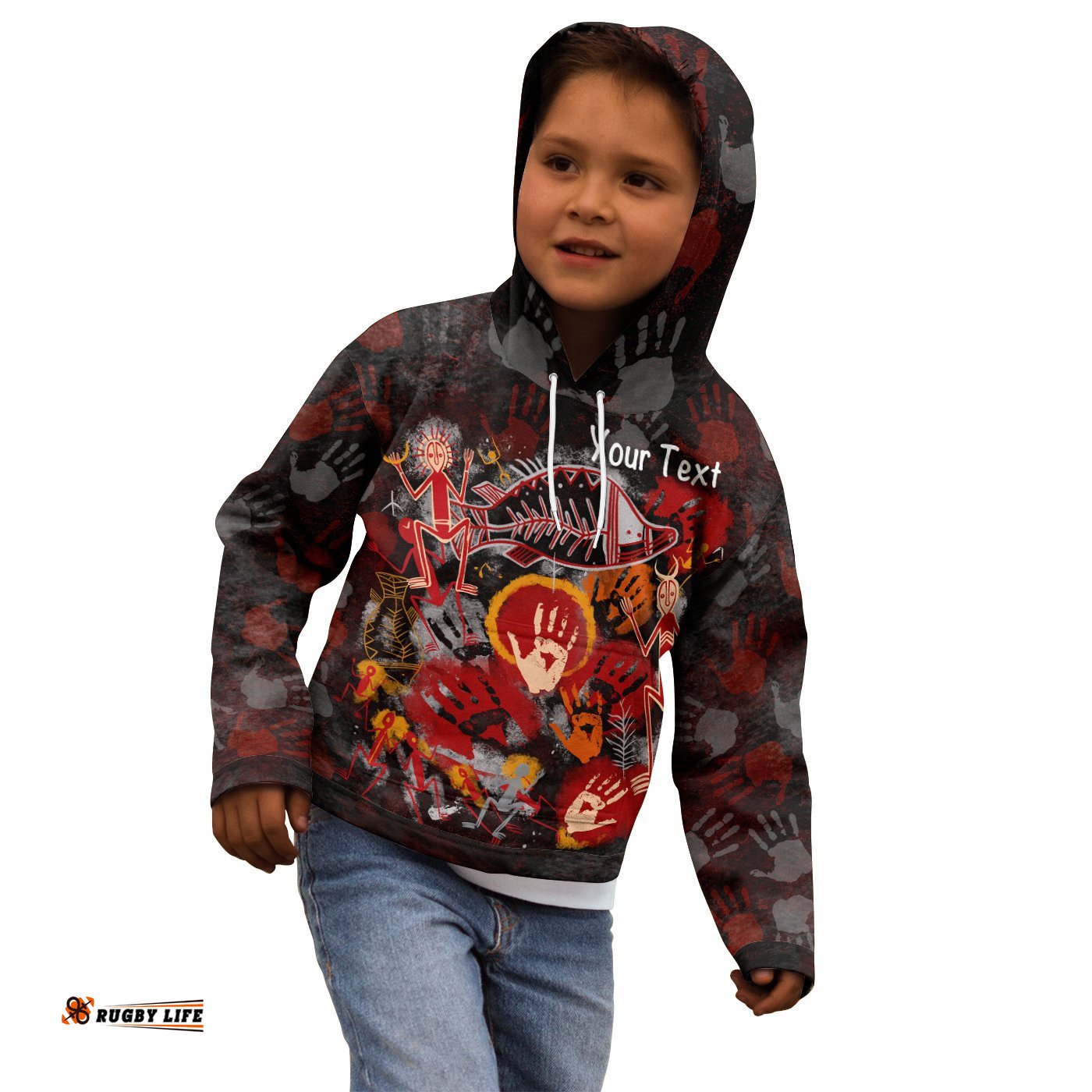 Custom Aboriginal Kid Hoodie Indigenous Fish Hand Art