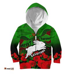 Custom Text And Number Rabbitohs Rugby ANZAC Hoodie KID South Sydney Camouflage Poppy Aboriginal