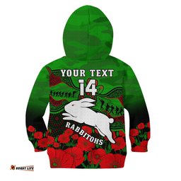 Custom Text And Number Rabbitohs Rugby ANZAC Hoodie KID South Sydney Camouflage Poppy Aboriginal