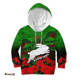 Custom Text And Number Rabbitohs Rugby ANZAC Hoodie KID South Sydney Camouflage Poppy Aboriginal
