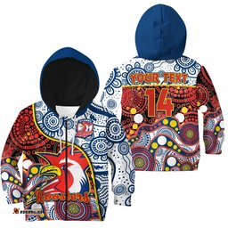 Custom Text And Number Roosters Rugby Hoodie KID Easts 1908 Aboriginal Artsy Premiers
