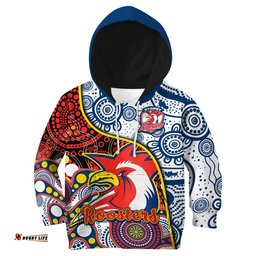 Custom Text And Number Roosters Rugby Hoodie KID Easts 1908 Aboriginal Artsy Premiers