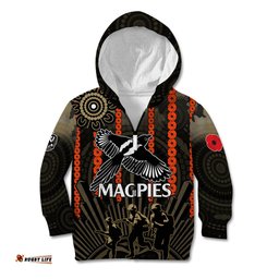 ANZAC Collingwood Football Kid Hoodie Proud To Be Magpies Poppy Flowers and Aboriginal Version