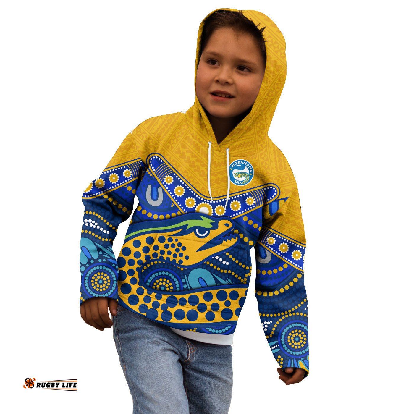 Custom Text and Number Eels Rugby Hoodie KID Aboriginal and Polynesia Parramatta