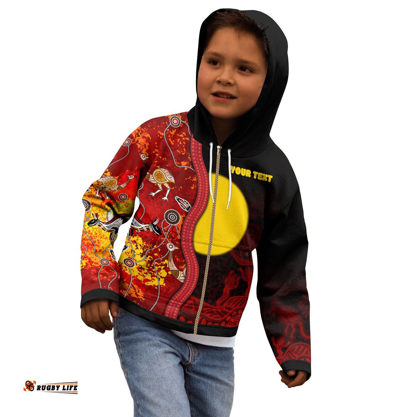 Custom Kids Aboriginal Zip Up Hoodie Red Indigenous Flag