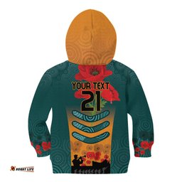 Custom Wallaroos Rugby ANZAC Kid Hoodie Poppy Soldier With Aboriginal Dots Art