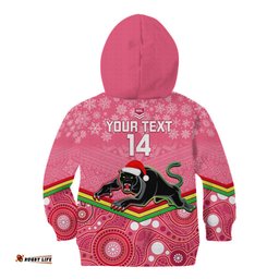 Custom Panthers Rugby Christmas Kid Hoodie Merry Xmas 2023 Mix Aboriginal Art Pink Version