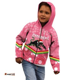 Custom Panthers Rugby Christmas Kid Hoodie Merry Xmas 2023 Mix Aboriginal Art Pink Version