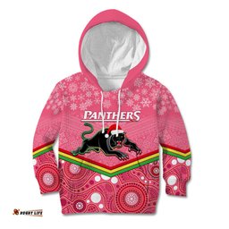 Custom Panthers Rugby Christmas Kid Hoodie Merry Xmas 2023 Mix Aboriginal Art Pink Version