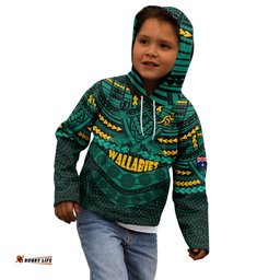 Wallabies Rugby Kid Hoodie Polynesian and Aboriginal Special Green Version