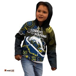 Custom Text And Number NRL Combine Dolphins and Cowboys Kid Hoodie Aboriginal