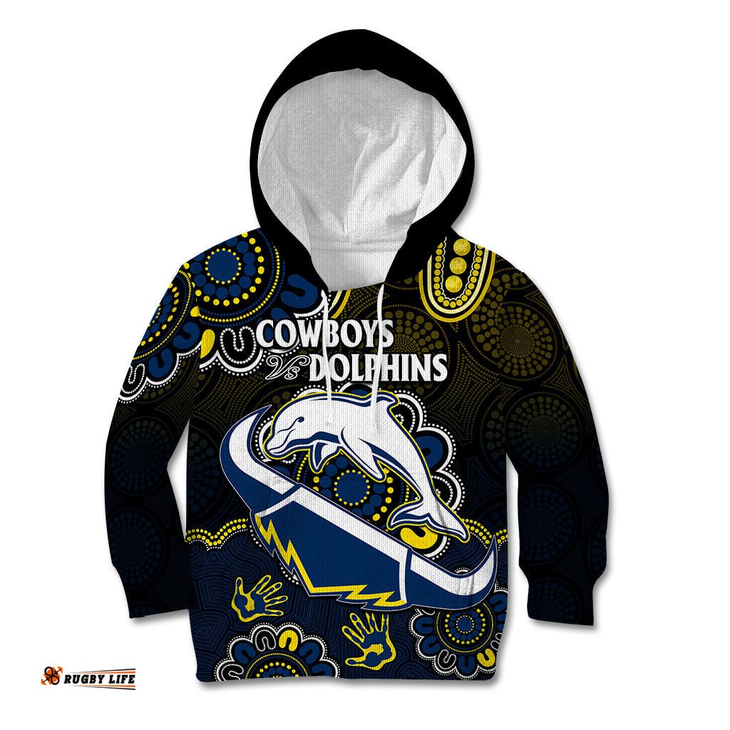 Custom Text And Number NRL Combine Dolphins and Cowboys Kid Hoodie Aboriginal
