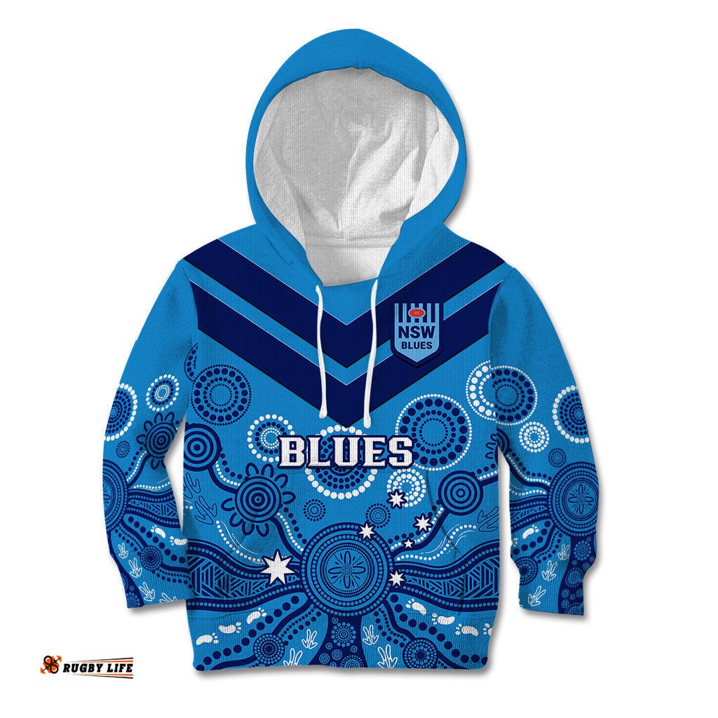 Personalised NSW Rugby Kid Hoodie Blues Aboriginal Art