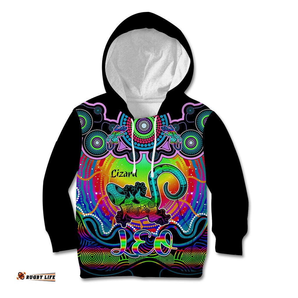 Personalised Australia Leo Lizard Zodiac Kid Hoodie Auz Astrology Aboriginal Rainbow