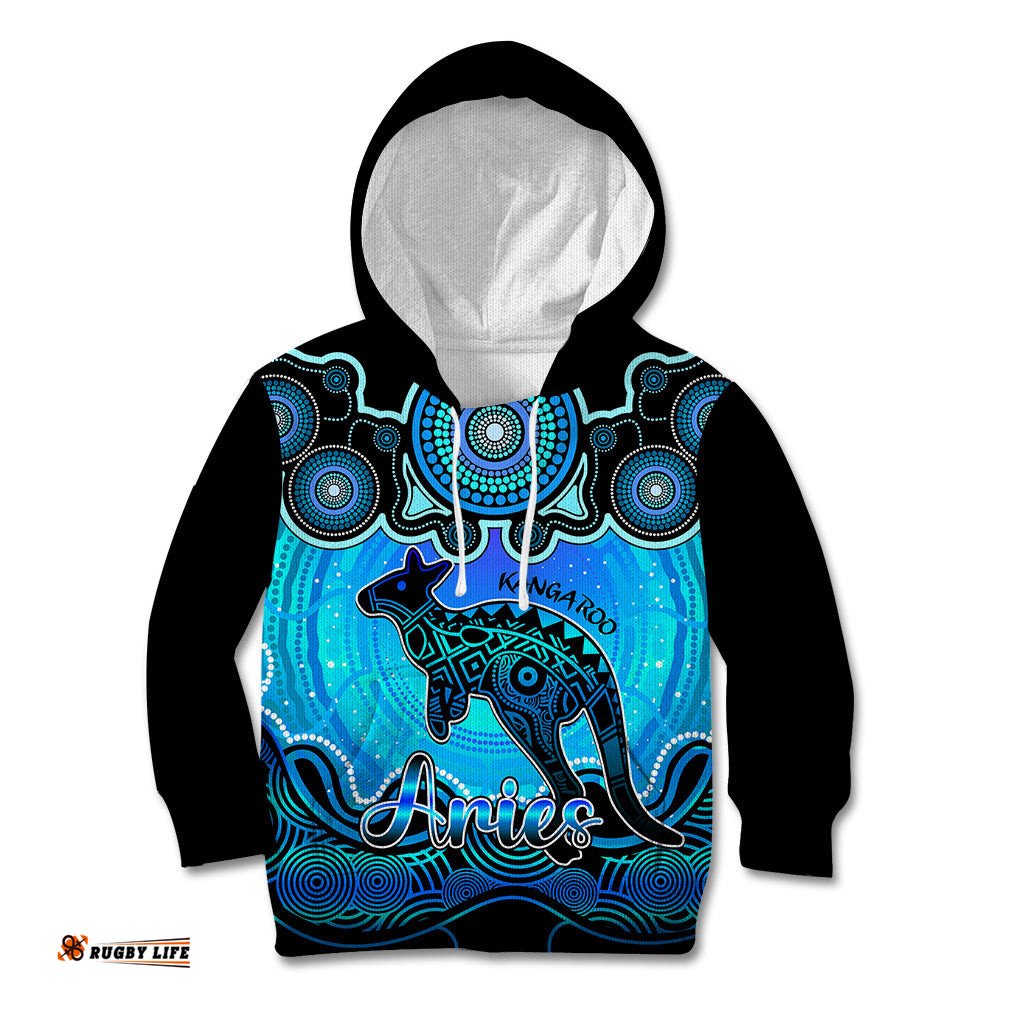 Personalised Australia Aries Kangaroo Zodiac Kid Hoodie Auz Astrology Aboriginal Aqua