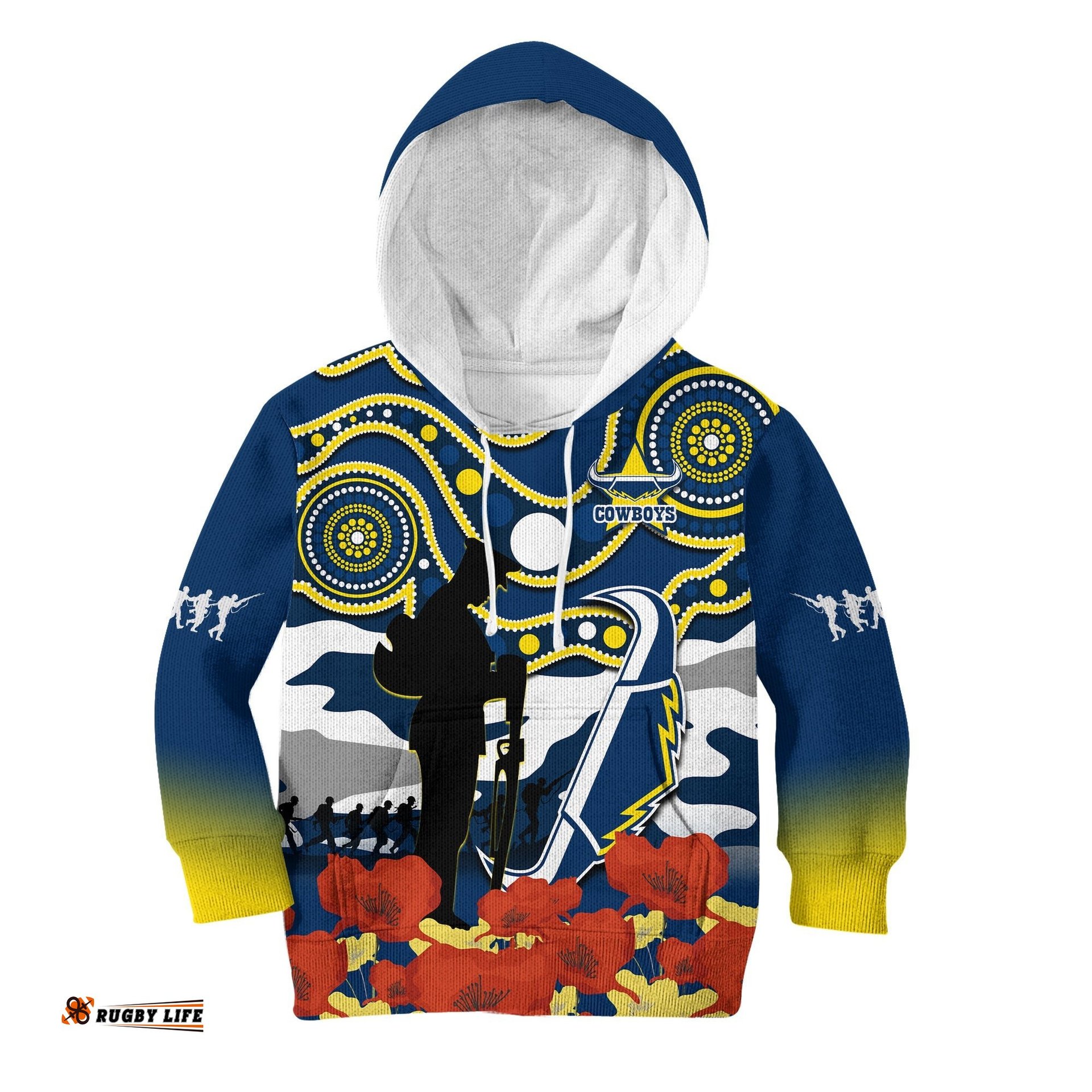 Cowboys Rugby ANZAC 2023 Hoodie KID Australian Army Aboriginal Lest We Forget