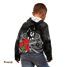 Custom Text and Number Magpies Football ANZAC Day Hoodie KID Aboriginal Poppy Flowers