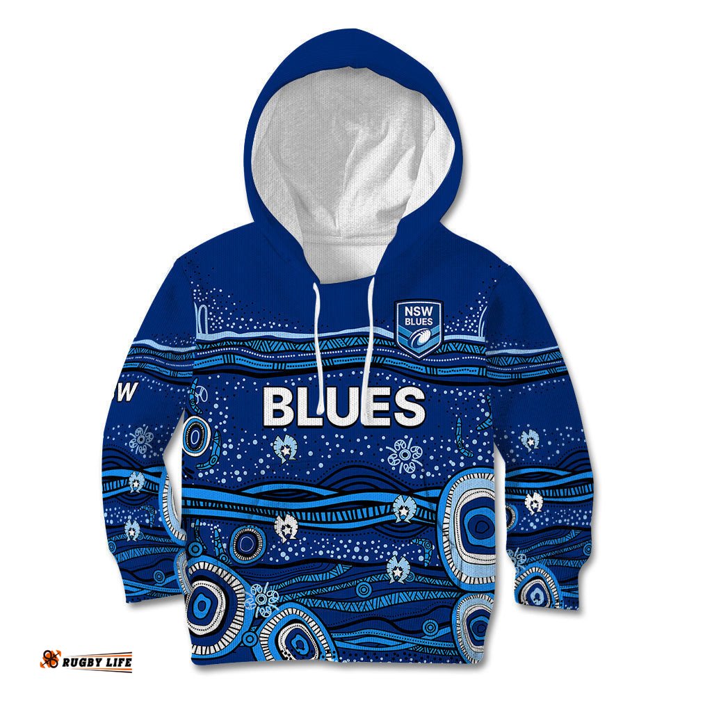 Custom Text And Number NSW Blues Rugby Kid Hoodie Aboriginal Indigenous