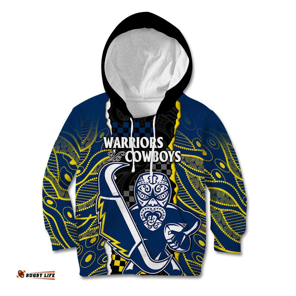 Custom Text And Number NRL Combine Warriors and Cowboys Kid Hoodie Maori mixed Aboriginal