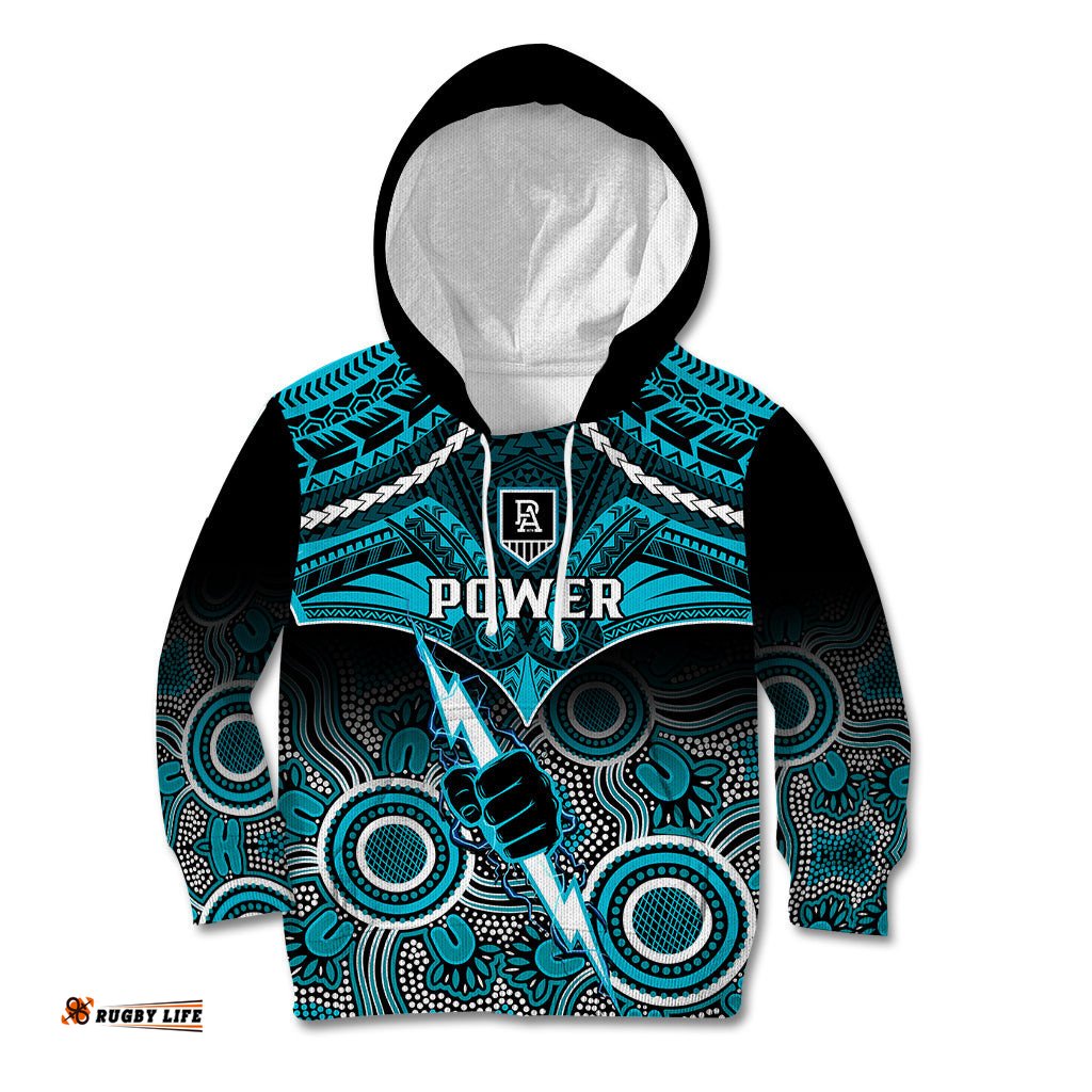 Personalised Port Adelaide Football Kid Hoodie Power Aboriginal Mix Polynesian Pattern