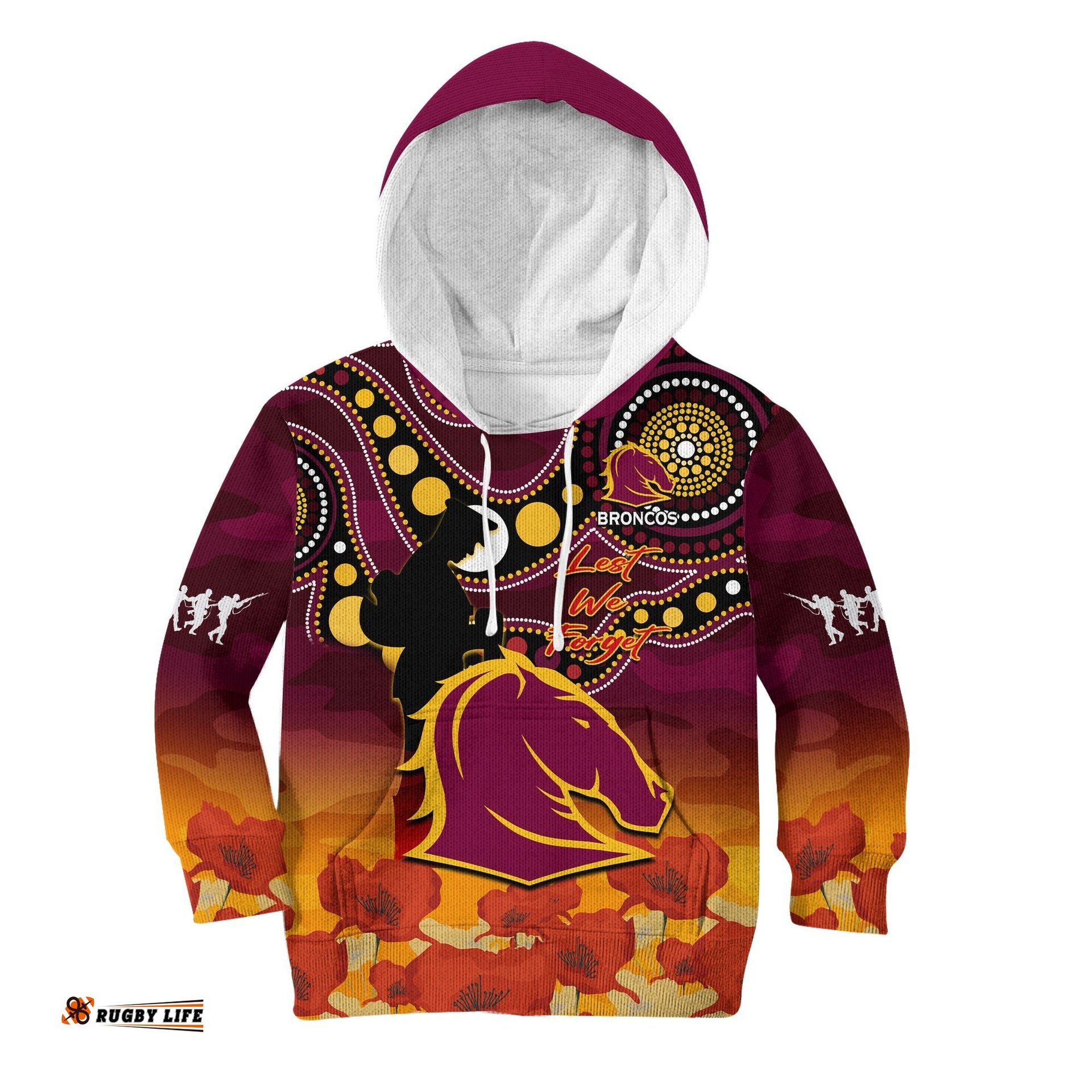 Brisbane Broncos Rugby ANZAC 2023 Hoodie KID Aboriginal Mix Poppy Lest We Forget