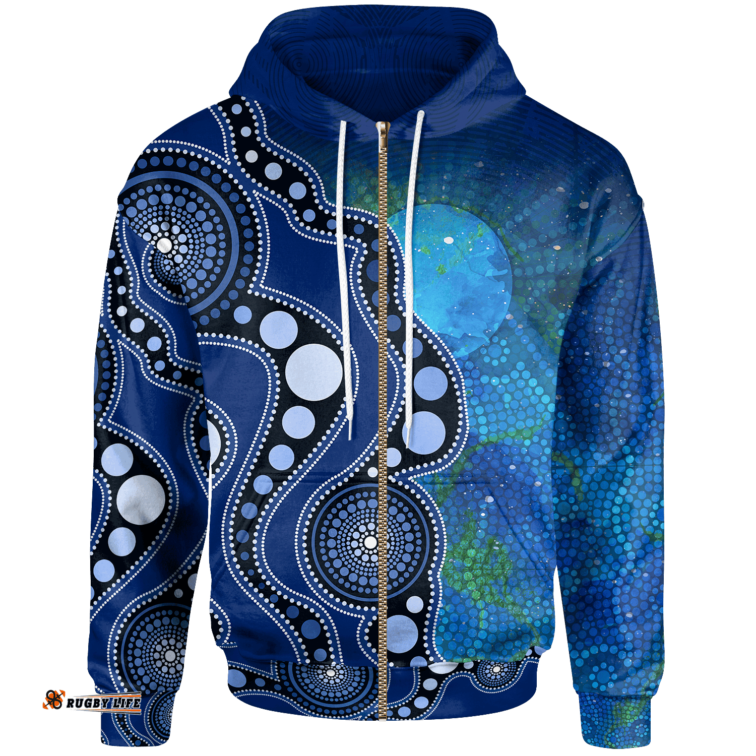 Kid Aboriginal Zip Up Hoodie Australia Indigenous Flag Circle Dot Painting Art Blue