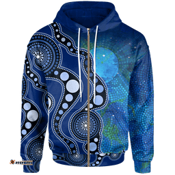 Kid Aboriginal Zip Up Hoodie Australia Indigenous Flag Circle Dot Painting Art Blue