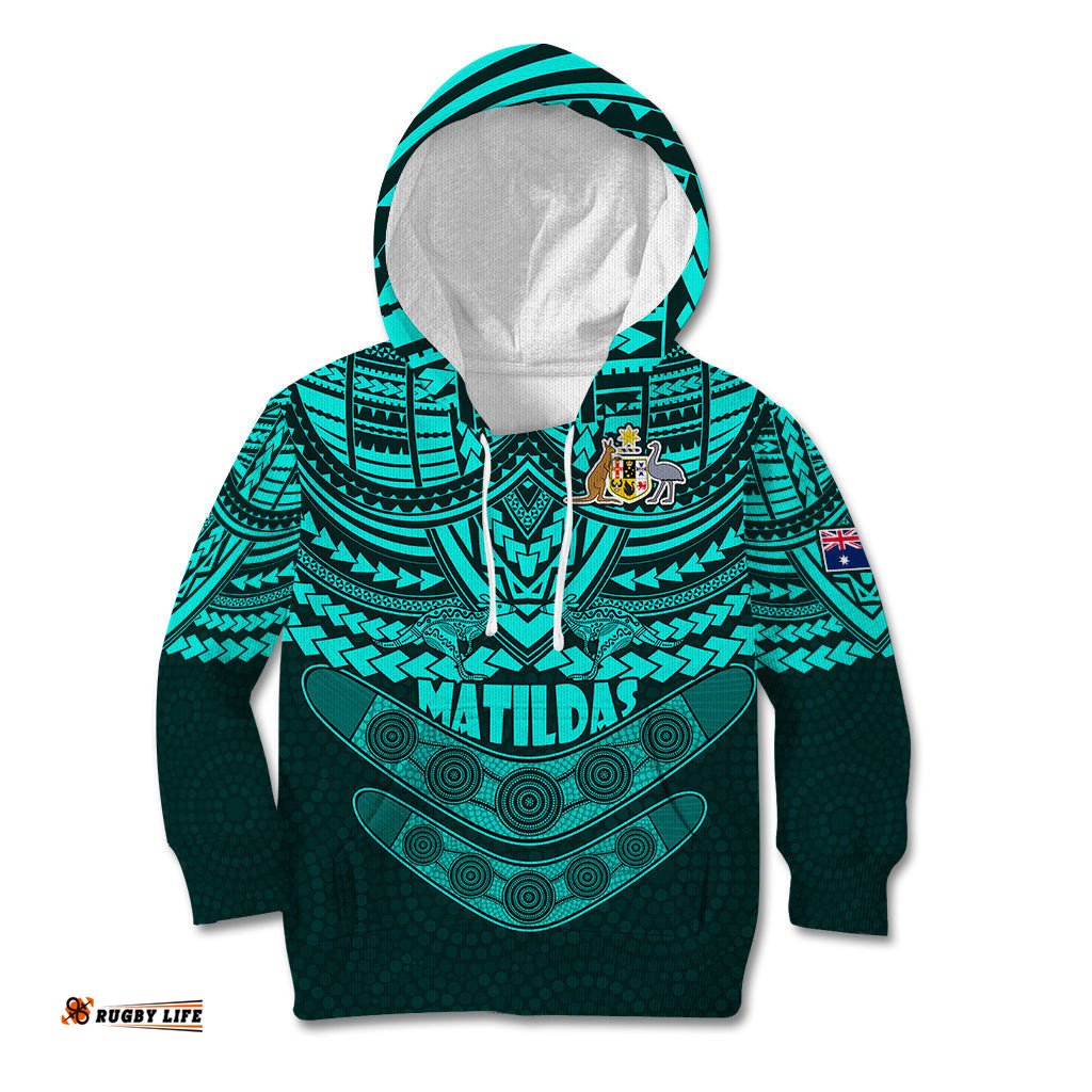 Matildas Soccer Kid Hoodie Polynesian and Aboriginal Turquoise Vibe