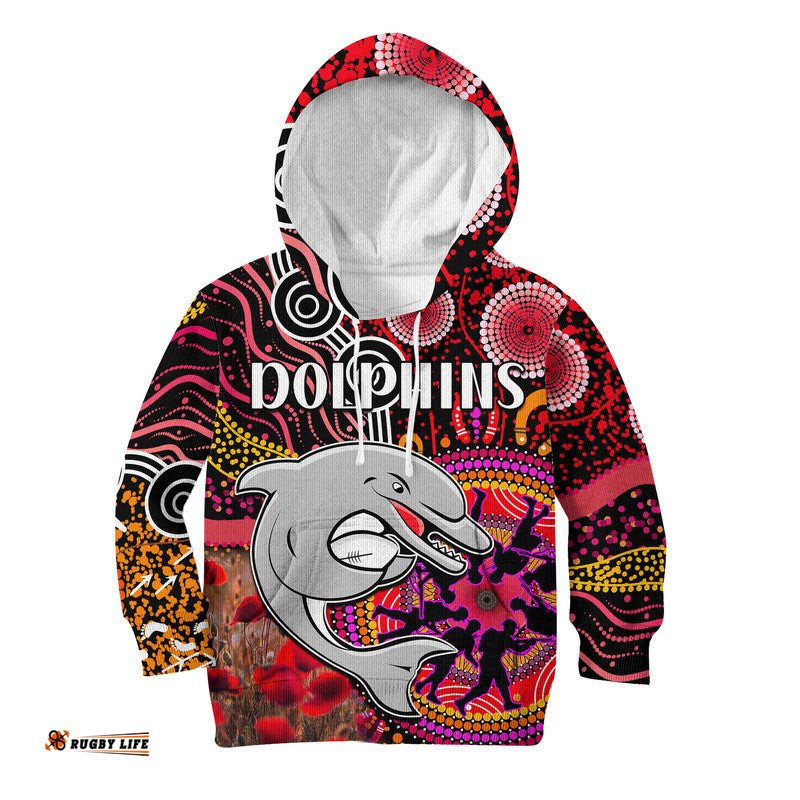 Custom Personalised Dolphins Rugby ANZAC Kid Hoodie Aboriginal Military and Poppy Flowers