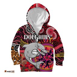 Dolphins Rugby ANZAC Kid Hoodie Aboriginal Military and Poppy Flowers