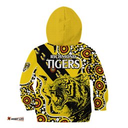 Richmond Tigers Football Kid Hoodie Angry Tiger Roaring Aboriginal Boomerang and Dots Art