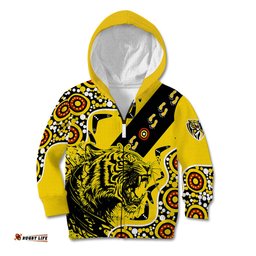 Richmond Tigers Football Kid Hoodie Angry Tiger Roaring Aboriginal Boomerang and Dots Art