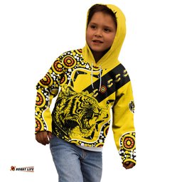 Richmond Tigers Football Kid Hoodie Angry Tiger Roaring Aboriginal Boomerang and Dots Art