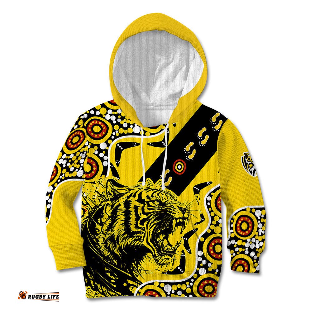 Richmond Tigers Football Kid Hoodie Angry Tiger Roaring Aboriginal Boomerang and Dots Art