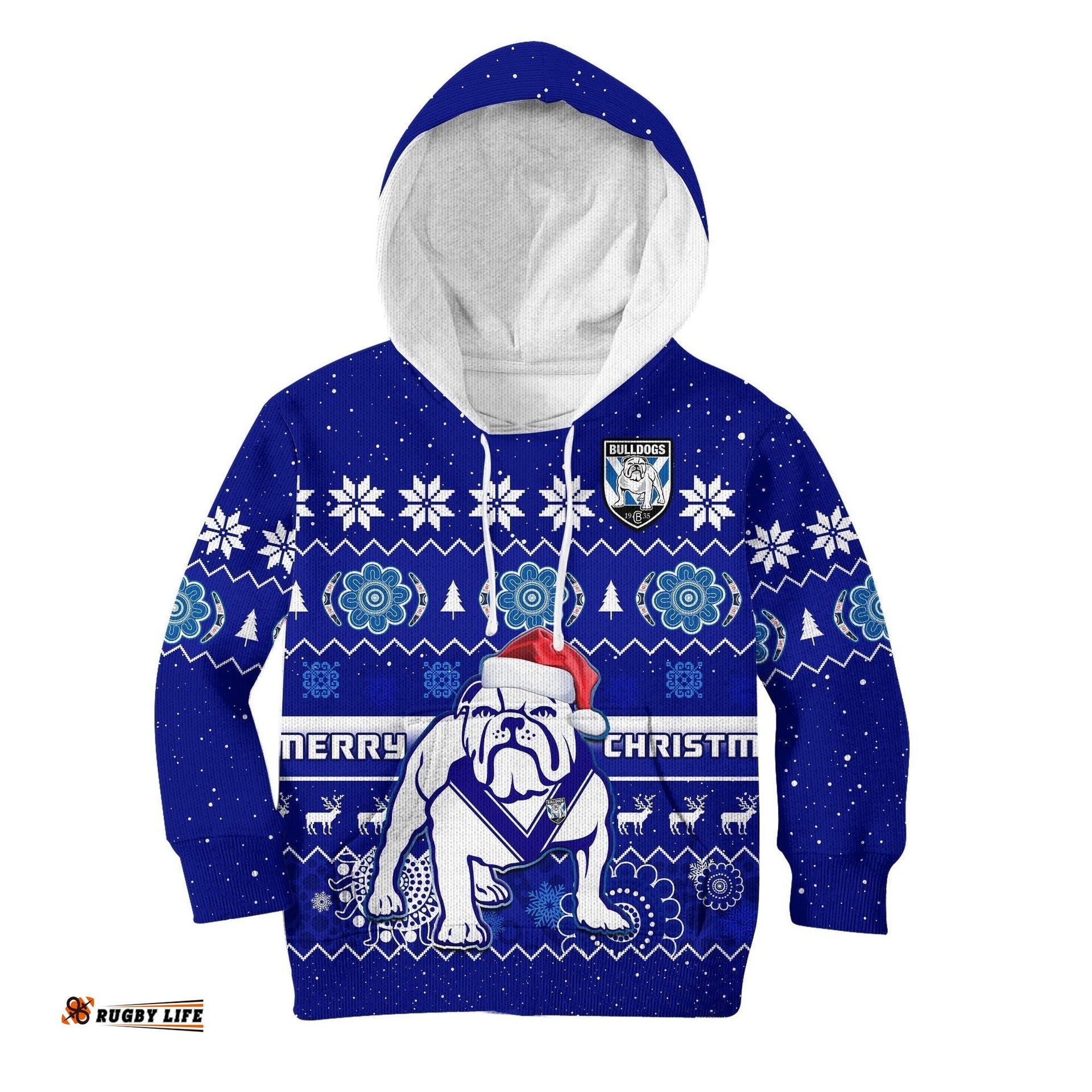Custom Personalised Bulldogs Rugby Christmas Hoodie KID Berries Merry Xmas Aboriginal Art