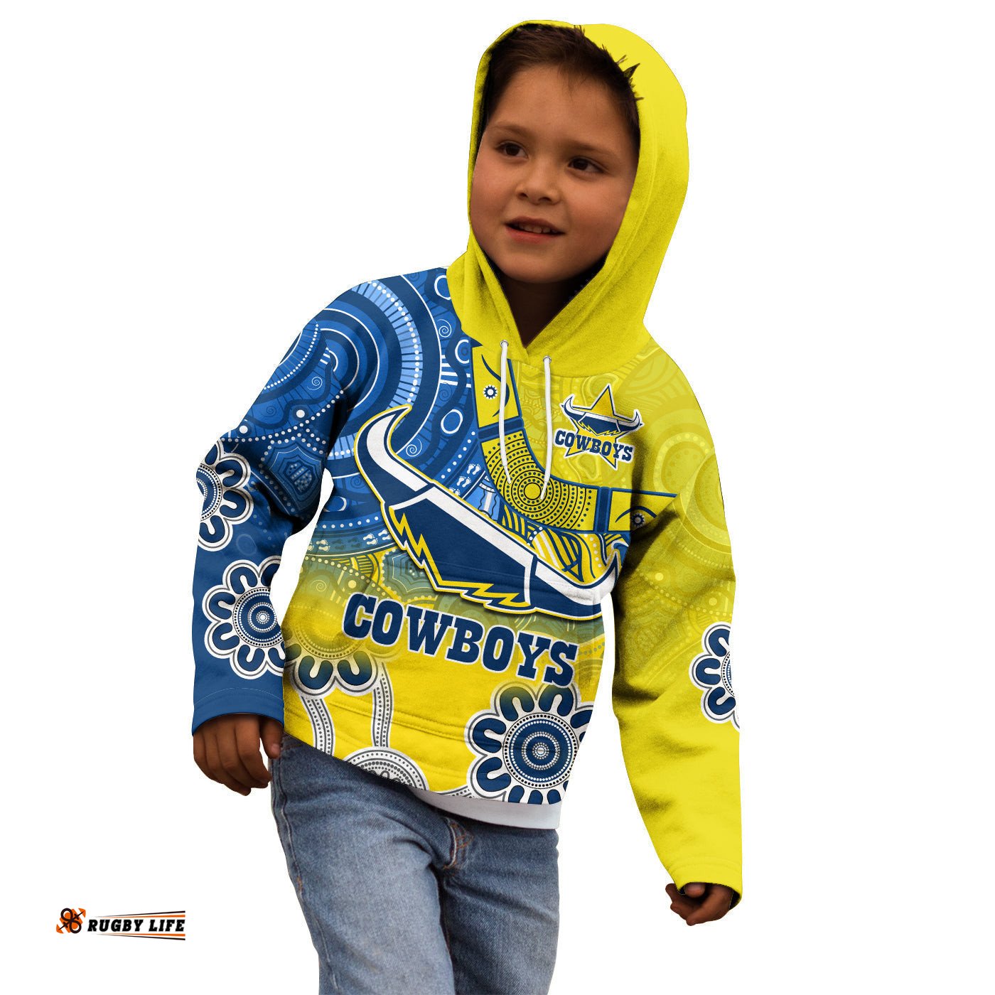 Custom Text and Number Cowboys Rugby Hoodie KID Aboriginal Boomerang Go Premiers North Queensland