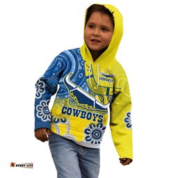 Custom Text and Number Cowboys Rugby Hoodie KID Aboriginal Boomerang Go Premiers North Queensland