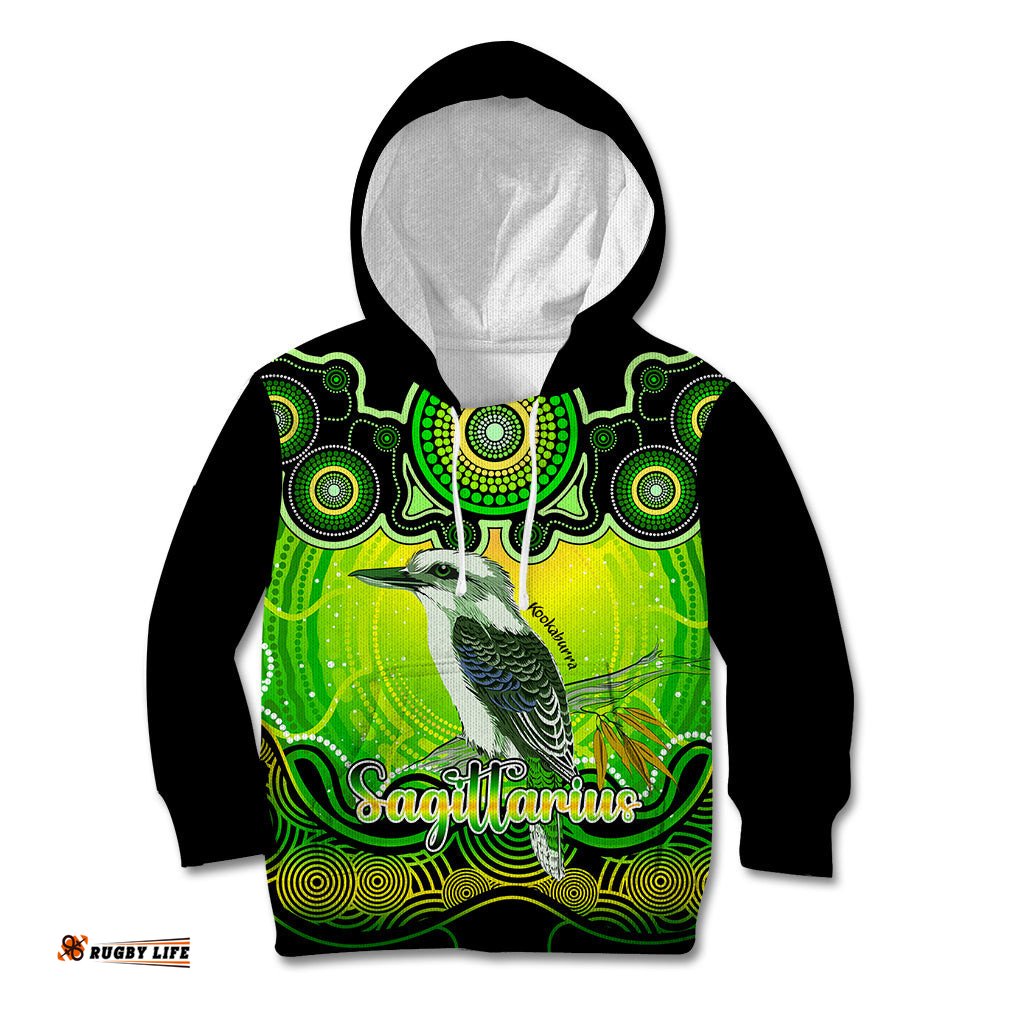 Personalised Australia Sagittarius Kookaburra Zodiac Kid Hoodie Auz Astrology Aboriginal Green