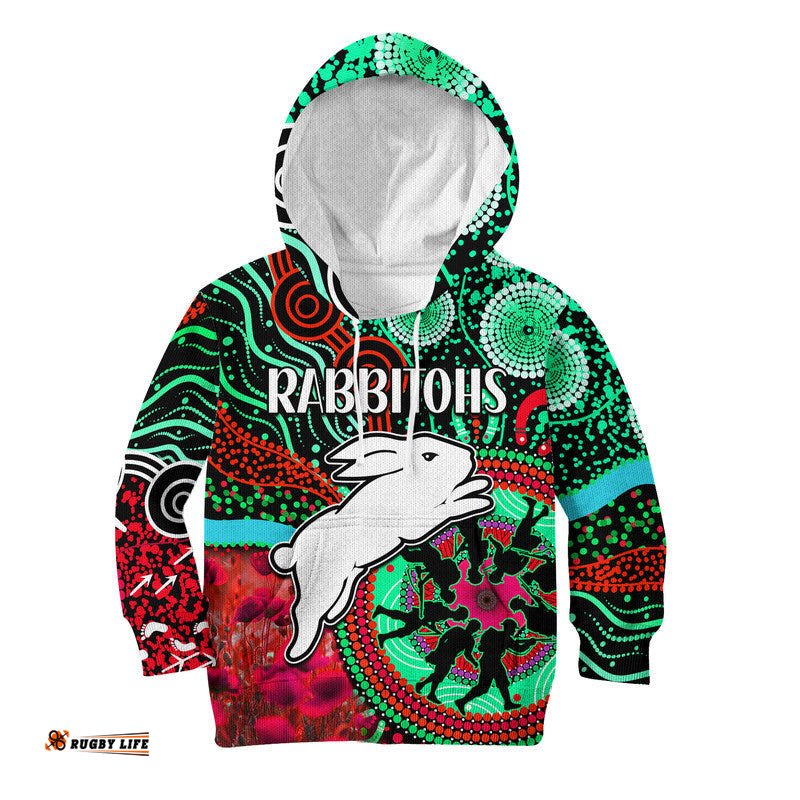 Custom Personalised Rabbitohs Rugby ANZAC Kid Hoodie Aboriginal Military and Poppy Flowers