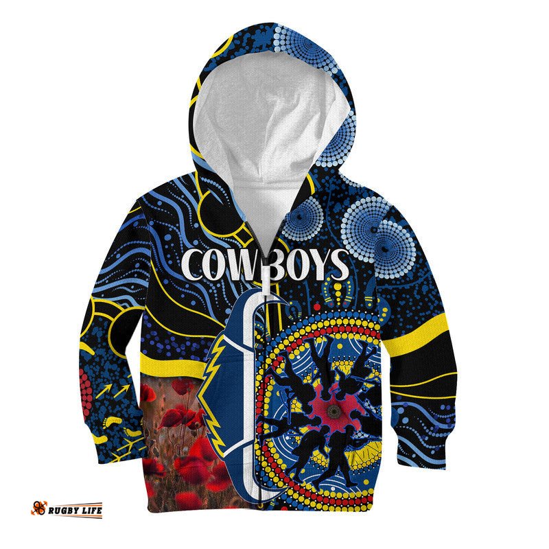 Cowboys Rugby ANZAC Kid Hoodie Aboriginal Military and Poppy Flowers