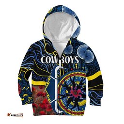 Cowboys Rugby ANZAC Kid Hoodie Aboriginal Military and Poppy Flowers