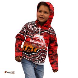 Custom Personalised Anzac Day NRL Dolphins Kid Hoodie Aboriginal Lizard Patterns
