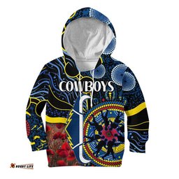 Custom Personalised Cowboys Rugby ANZAC Kid Hoodie Aboriginal Military and Poppy Flowers
