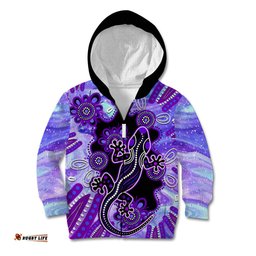 Australia Opal Kid Hoodie Aussie Lizard With Aboriginal Art Purple